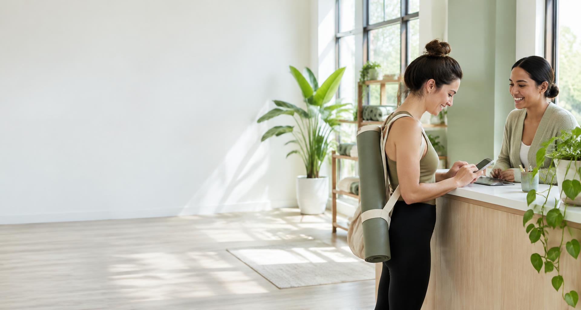 A customer signing on her phone at a welcoming yoga studio